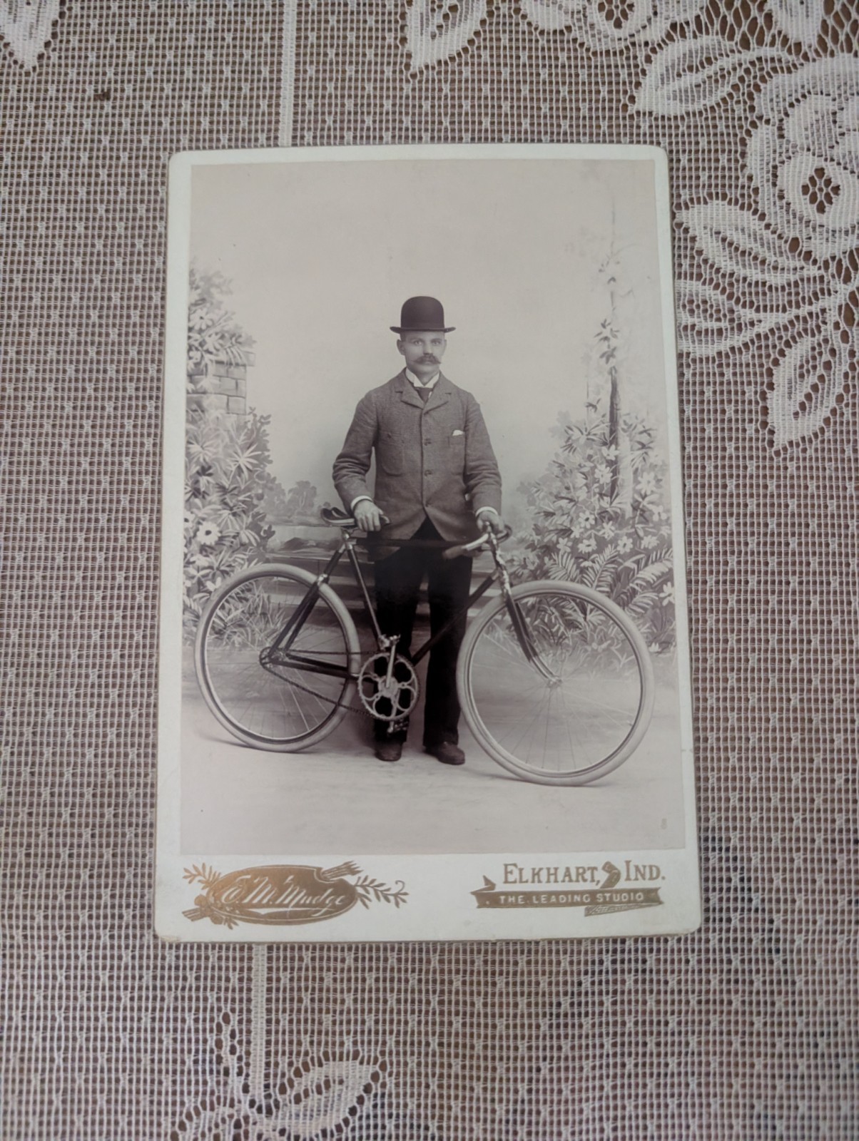 Antique Vintage Cabinet Photo Man in Bowler Hat with a Bicycle E M Mudge Elkhart