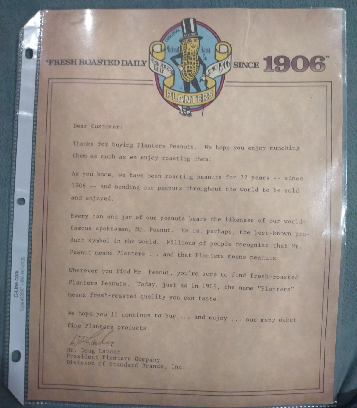 1978 Planters Peanuts Vintage Paper Dear Customer letter
