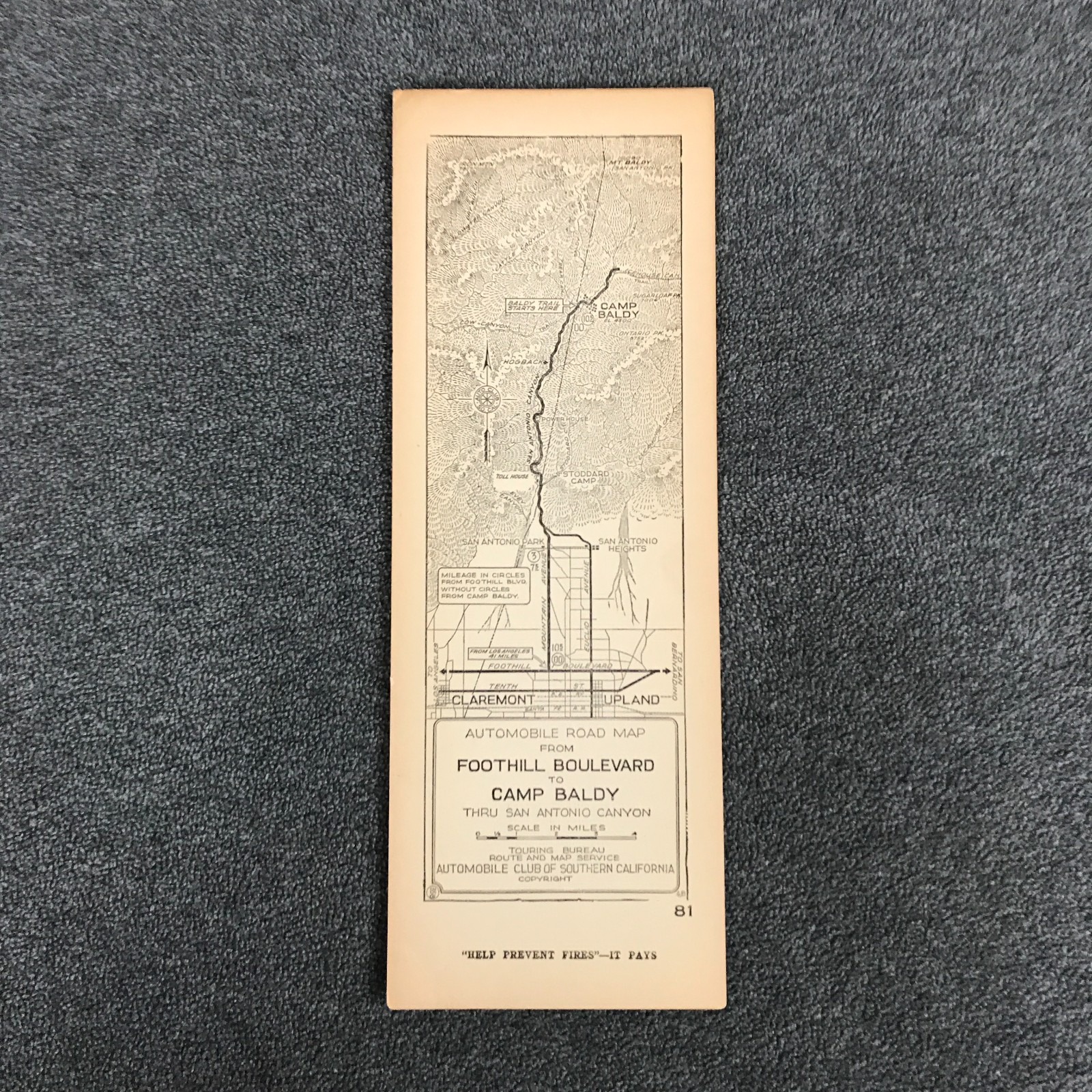 1918s AAA Auto Club Strip Map Foothill Boulevard to Camp Baldy California #81 