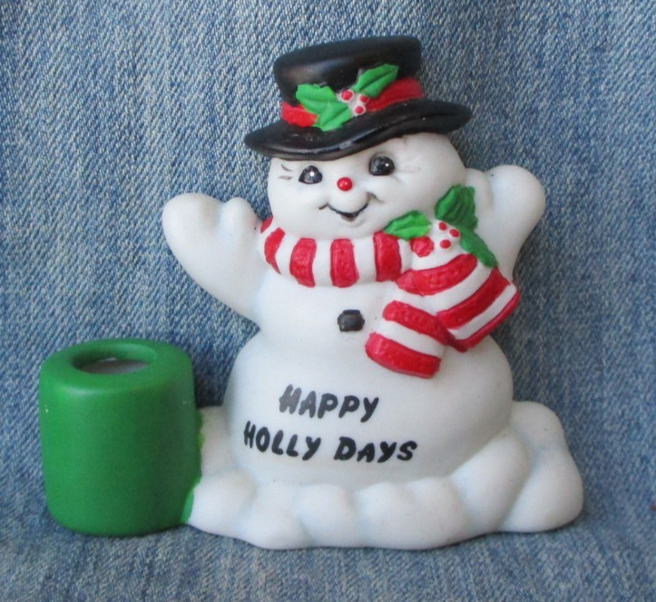 Vintage RUSS SNOWMAN FIGURINE CANDLE HOLDER Christmas Decor ON40