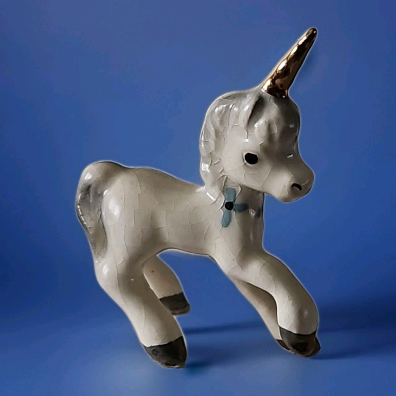 Vtg HR Hagen Renaker Retired Baby Unicorn Porcelain Pottery Blue Flowers Floral