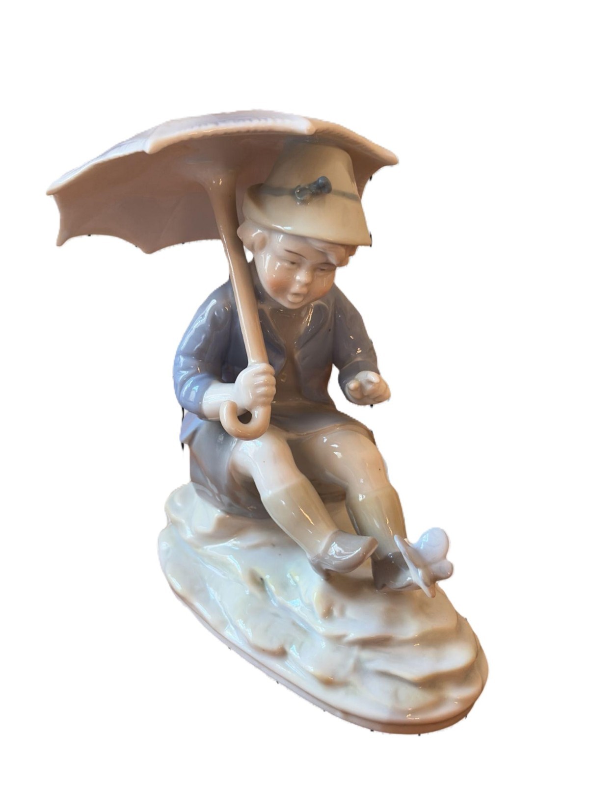 Vintage Metzler Ortloff Germany Porcelain Figurine Boy Seated Umbrella Butterfly