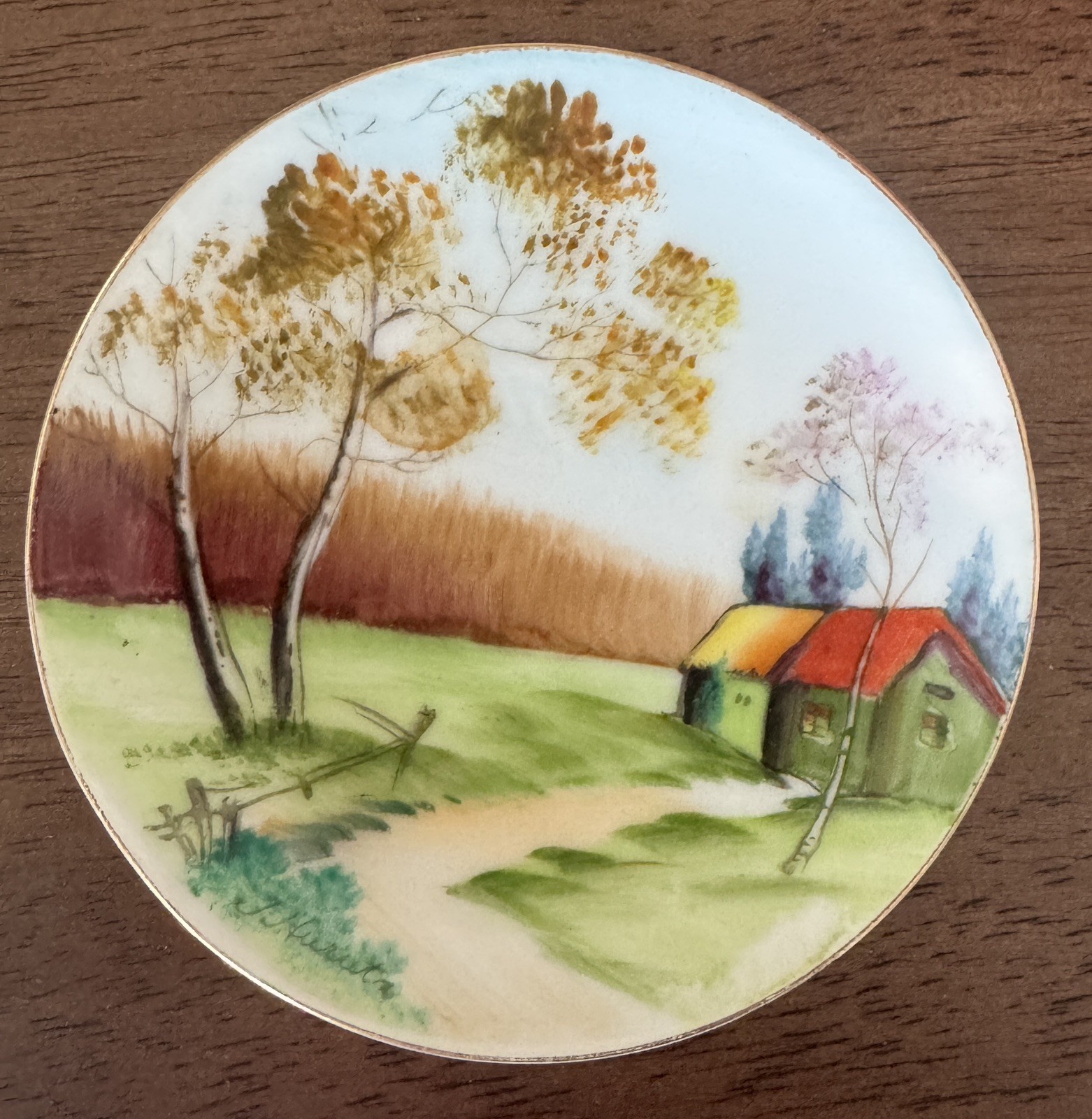 Vintage Japanese Hand Painted Miniature Plate Landscape Gold