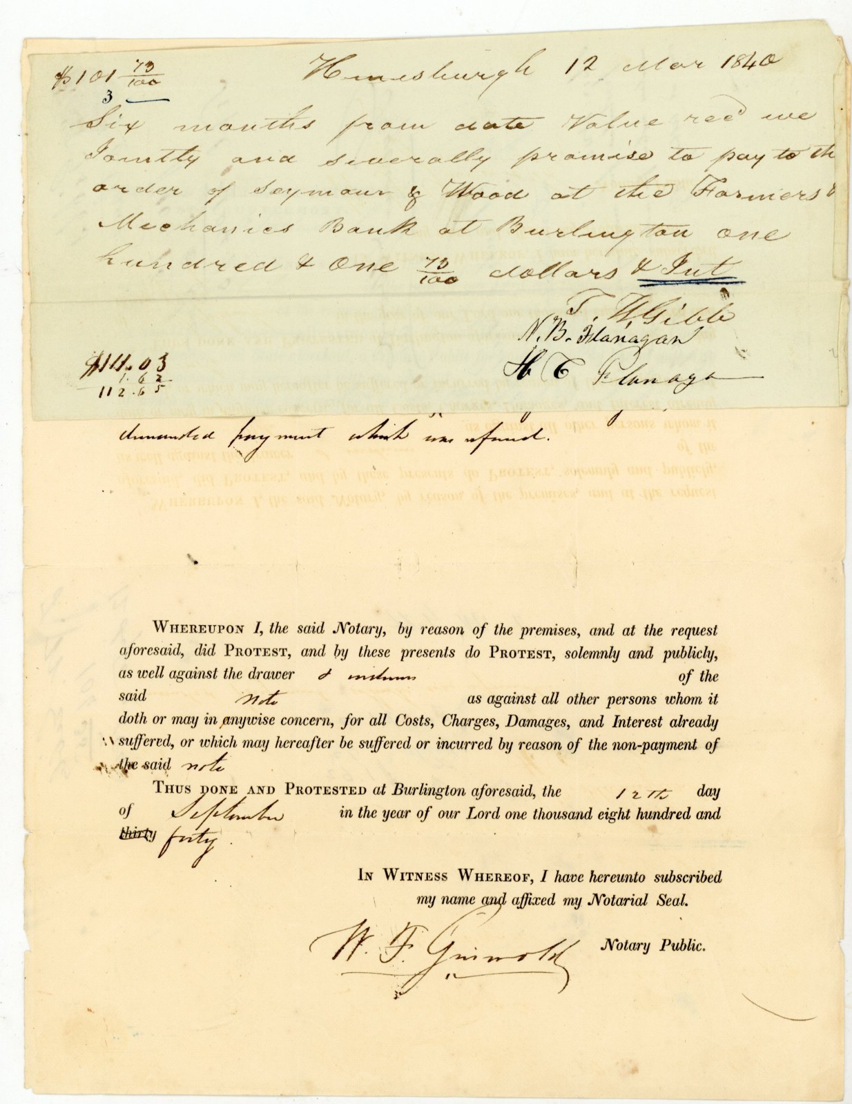 1840 Vermont Notarial Protest Promissory Note Bank of Burlington Hinesburgh VT