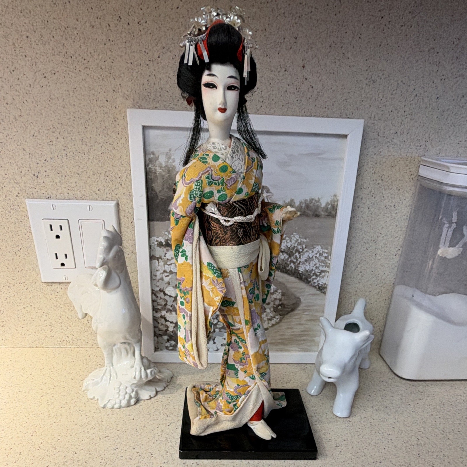 Vintage Style Japanese Geisha Doll 16” Floral Kimono Hair Ornaments Wood Base