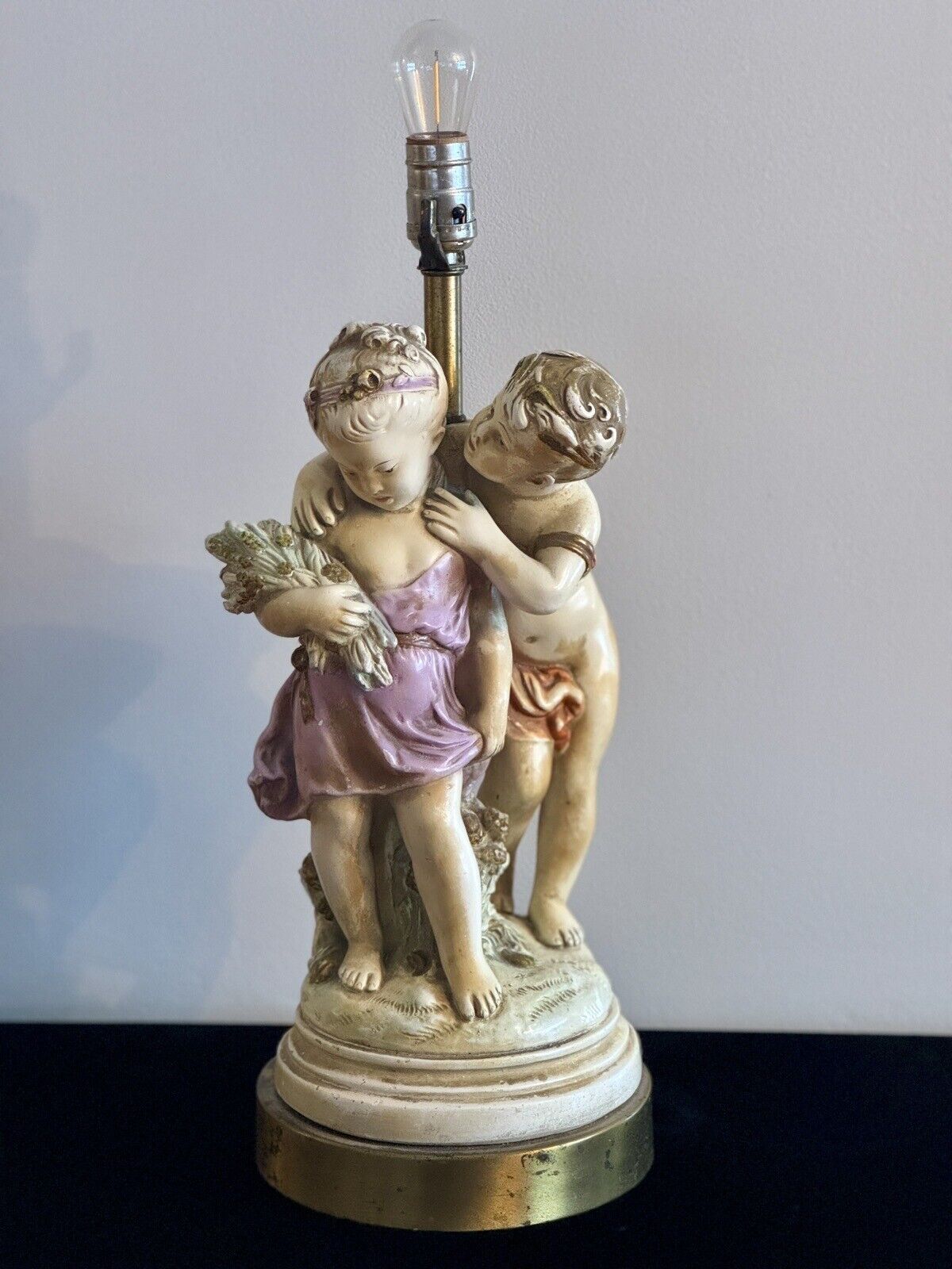Vintage Plaster Chalkware Boy & Girl in Love - Large Table Lamp