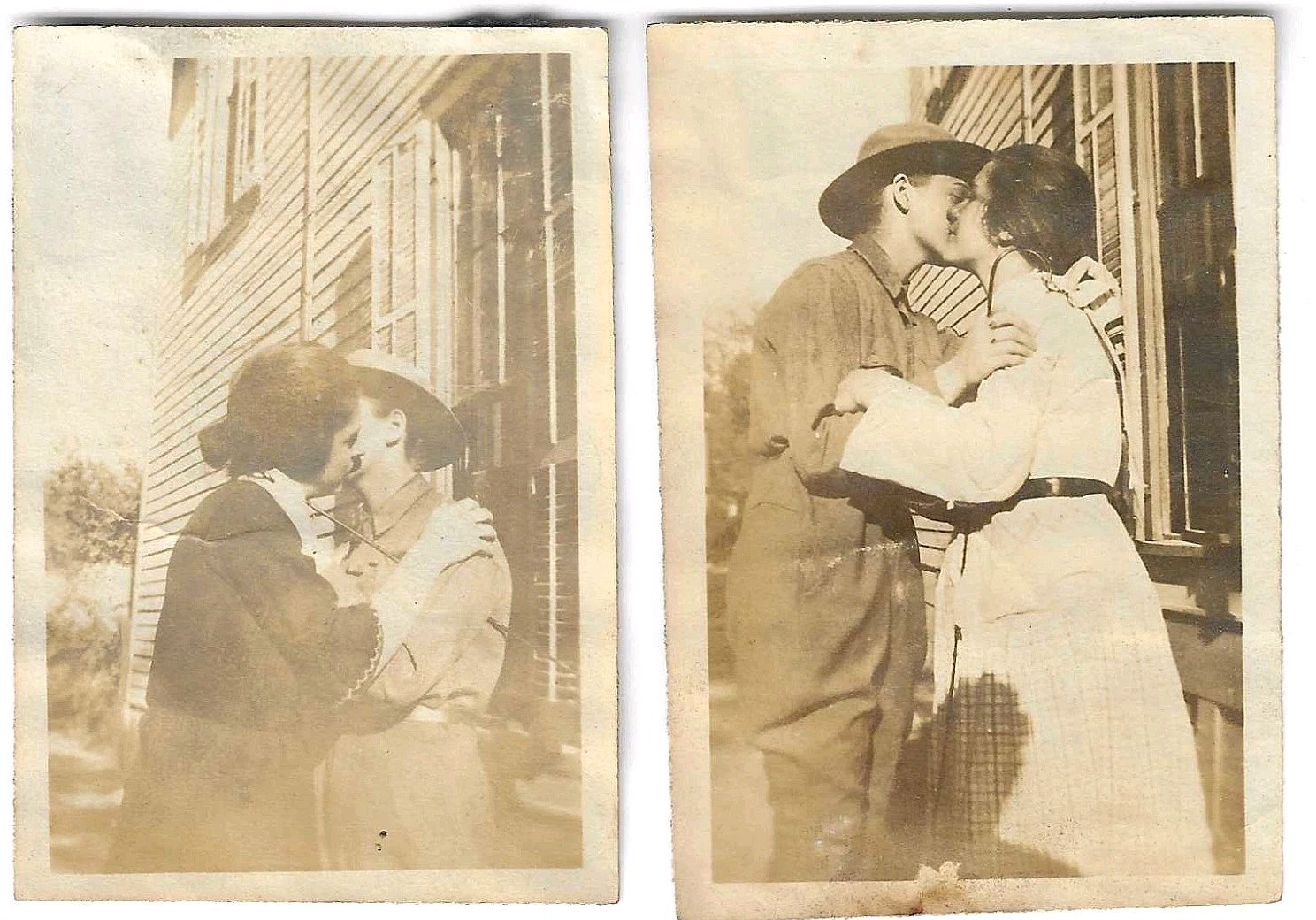 1910s Two Young Women Kissing Friends Photo Snapshot WWI Era Ladies Antique