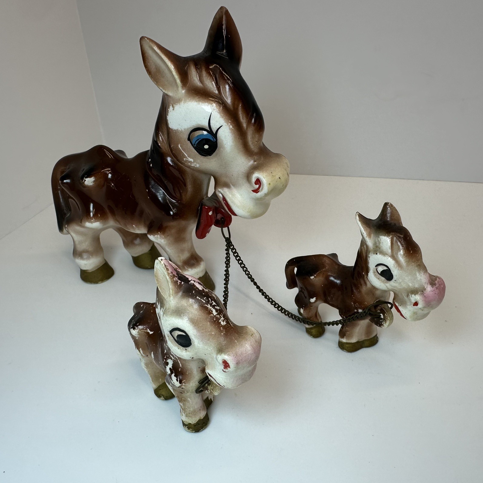Vintage 1950s Japan Ceramic Donkey Family Mama 2 Babies Chain MCM Kitsch 1950’s