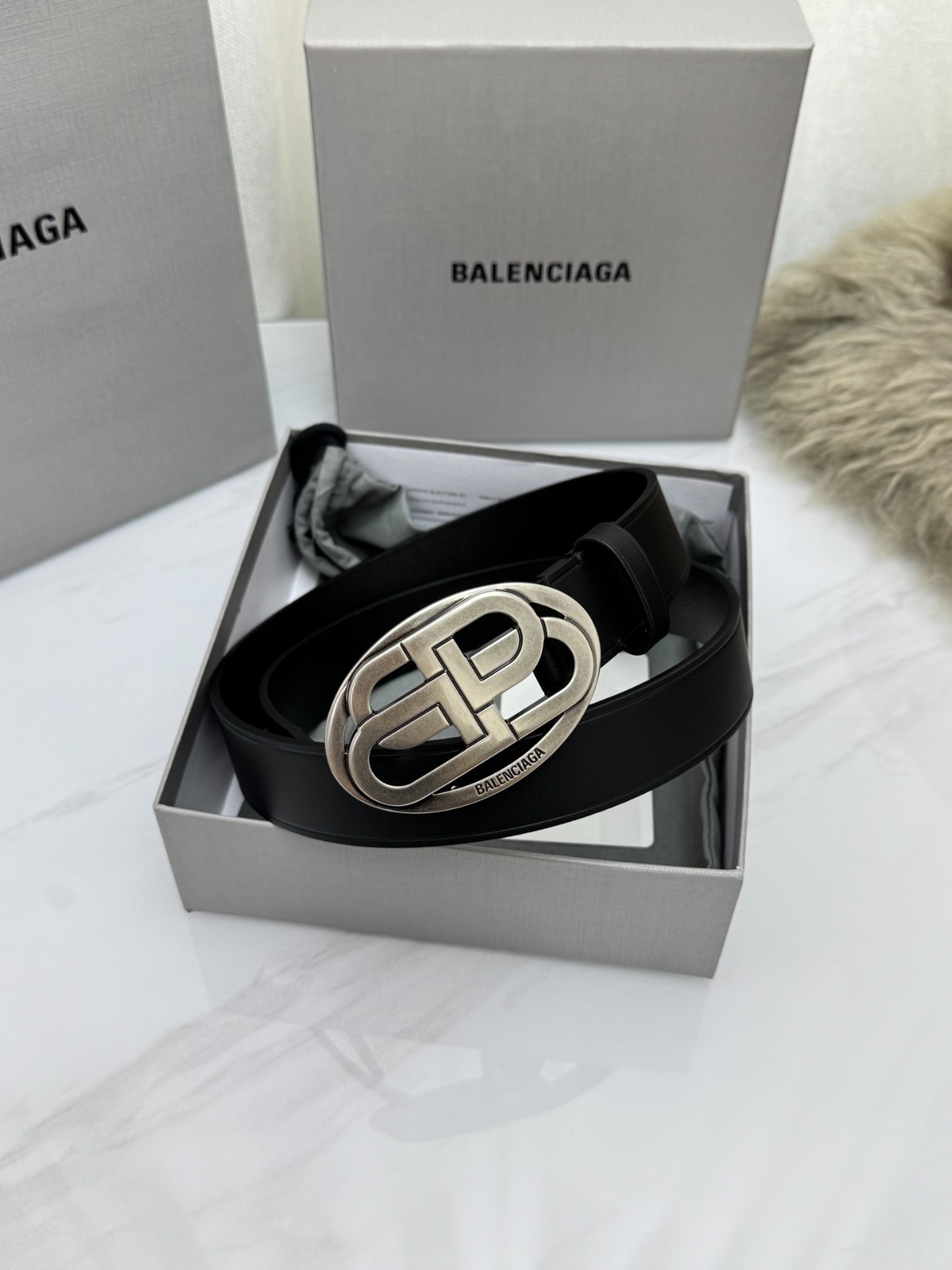 BALENCIAGA Men's Black Leather Belt Silver Logo Buckle With Box Dust Bag.