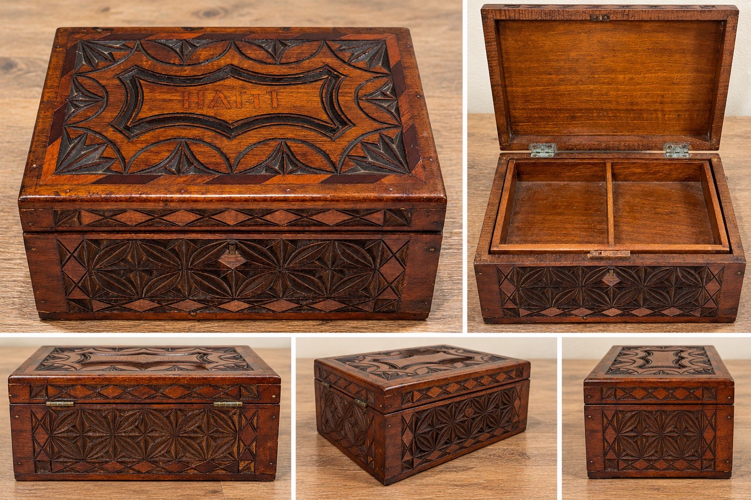 Vintage Haiti Hand Carved Wood Jewelry Trinket Keepsake Box Folk Art
