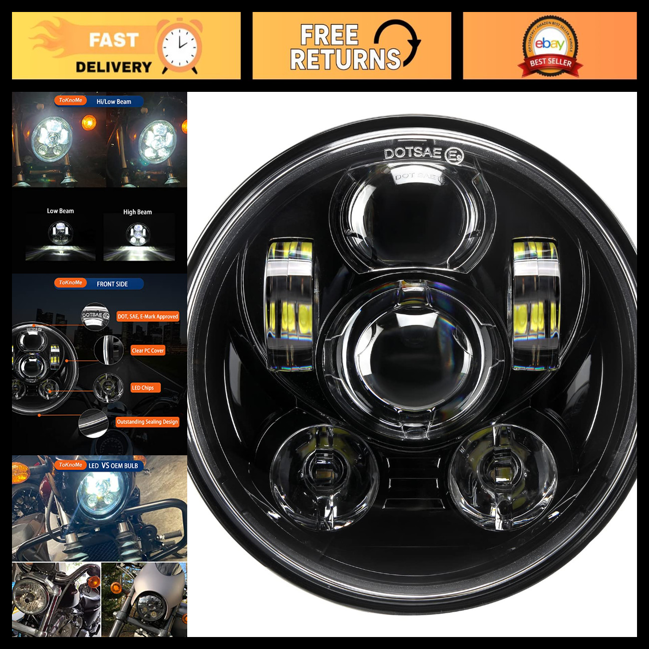 5-3/4 5.75 inch LED Headlight Compatible with Harley Davidson Dyna Sportster Iro