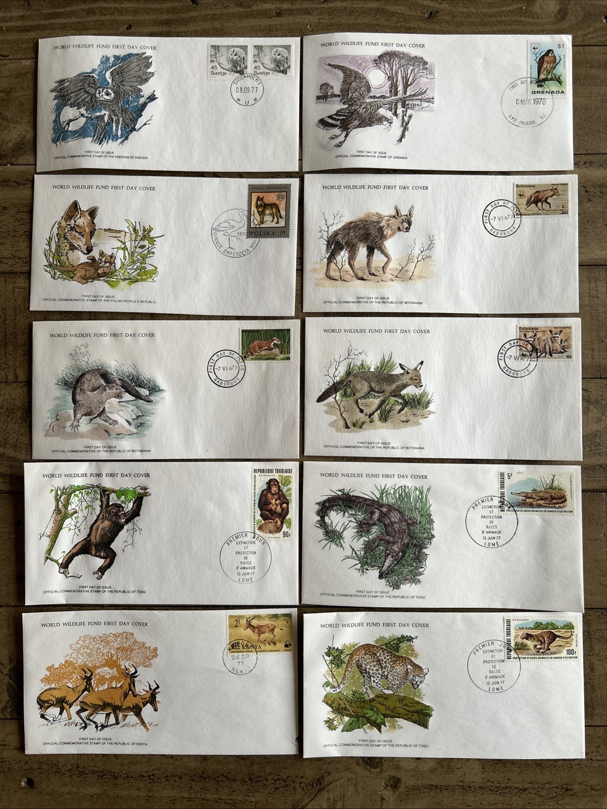 Lot Of 10 Various Vintage 1977 First Day Covers - World Wildlife Fund