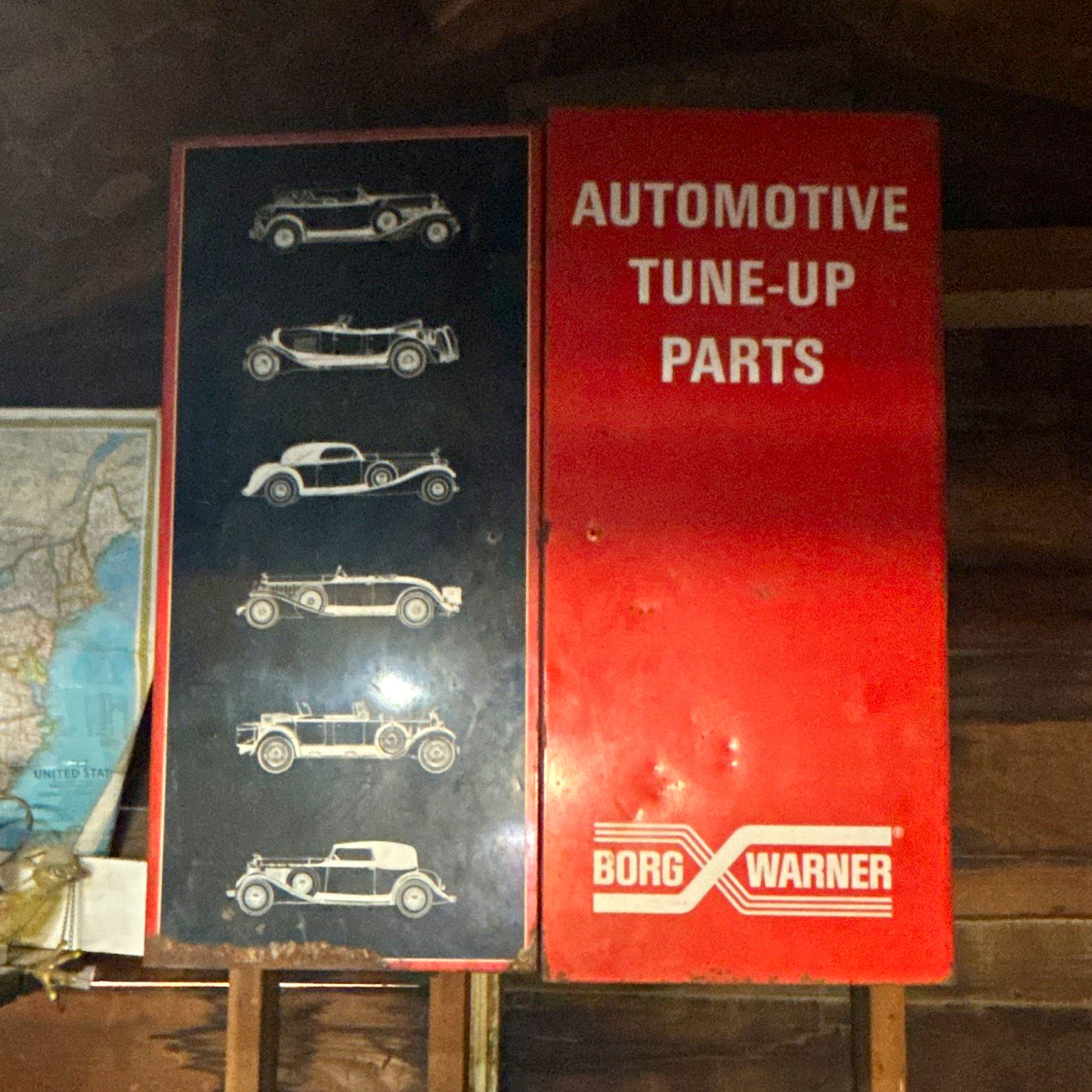 Borg Warner Vintage Automotive Tune-Up Parts Advertising Sign Gas & Oil Red