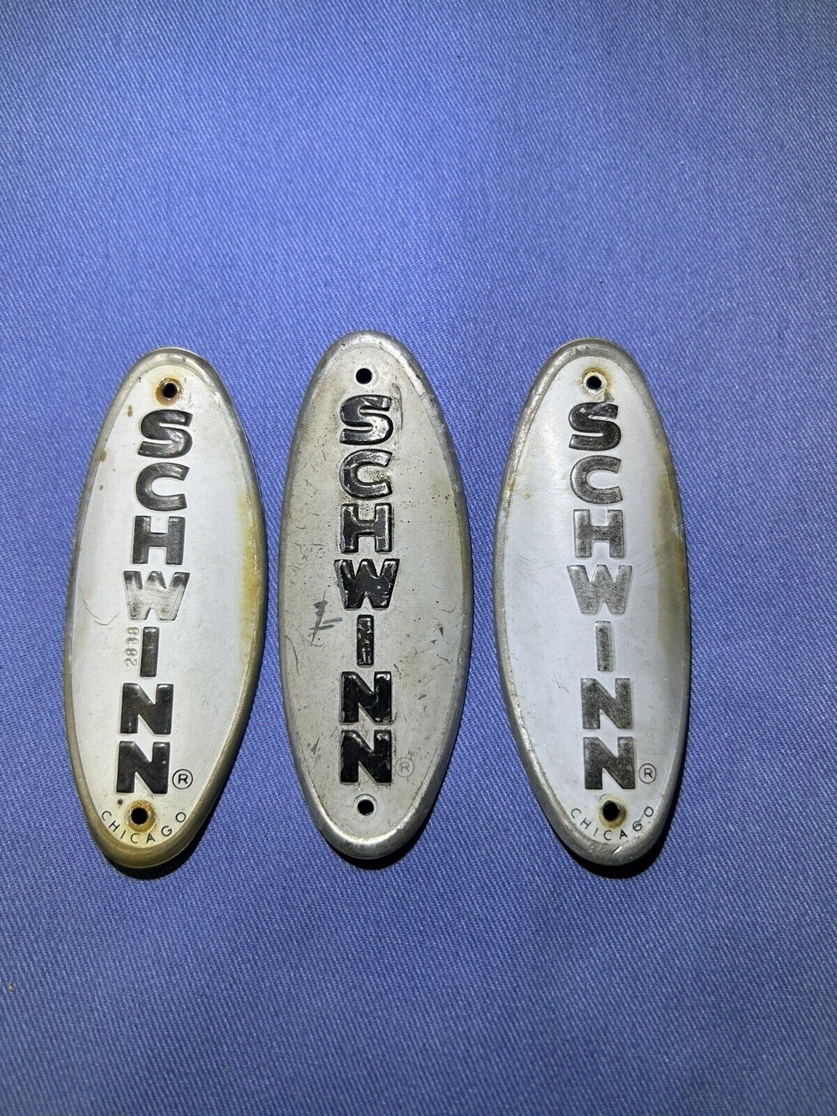 Vintage Schwinn Chicago Bicycle Head Badges White w Black Letters LOT OF 3