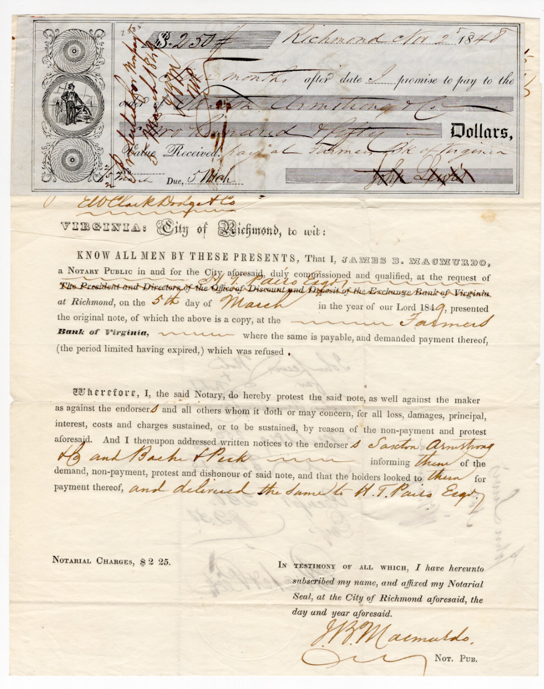 Pre Civil War 1849 Hand Signed Notary Protest Promissory Note Richmond VA Pairo