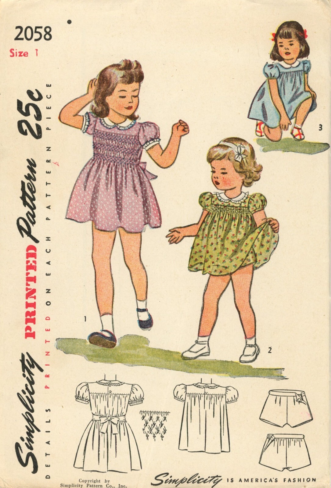 Simplicity 2058 Smocked Puff Sleeve Dress w Double Peter Pan Collar Sz 1 UNCUT