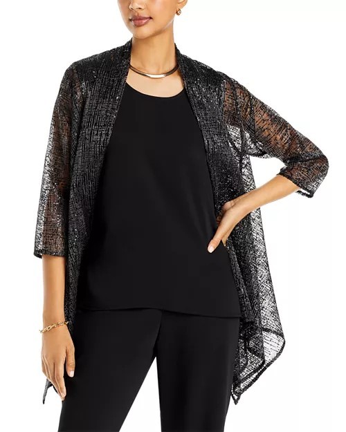 Caroline Rose Plus Size Black Metallic Sequin Mesh Cardigan Sz 2X $400 Luxury