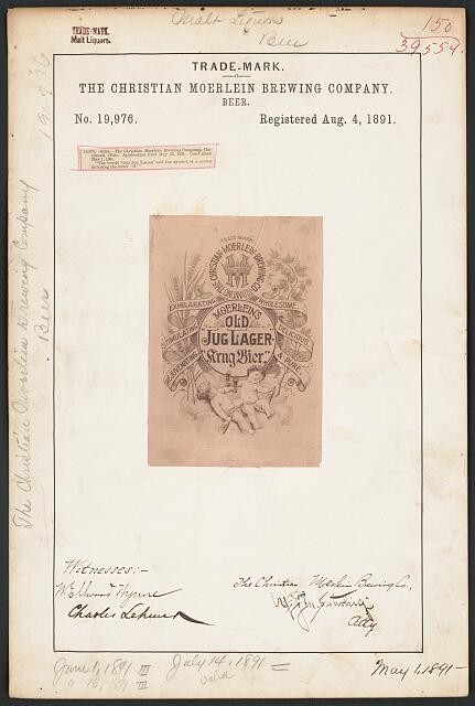 Christian Moerlein Brewing Co Old Jug Lager Trademark Registration 1891 Beer