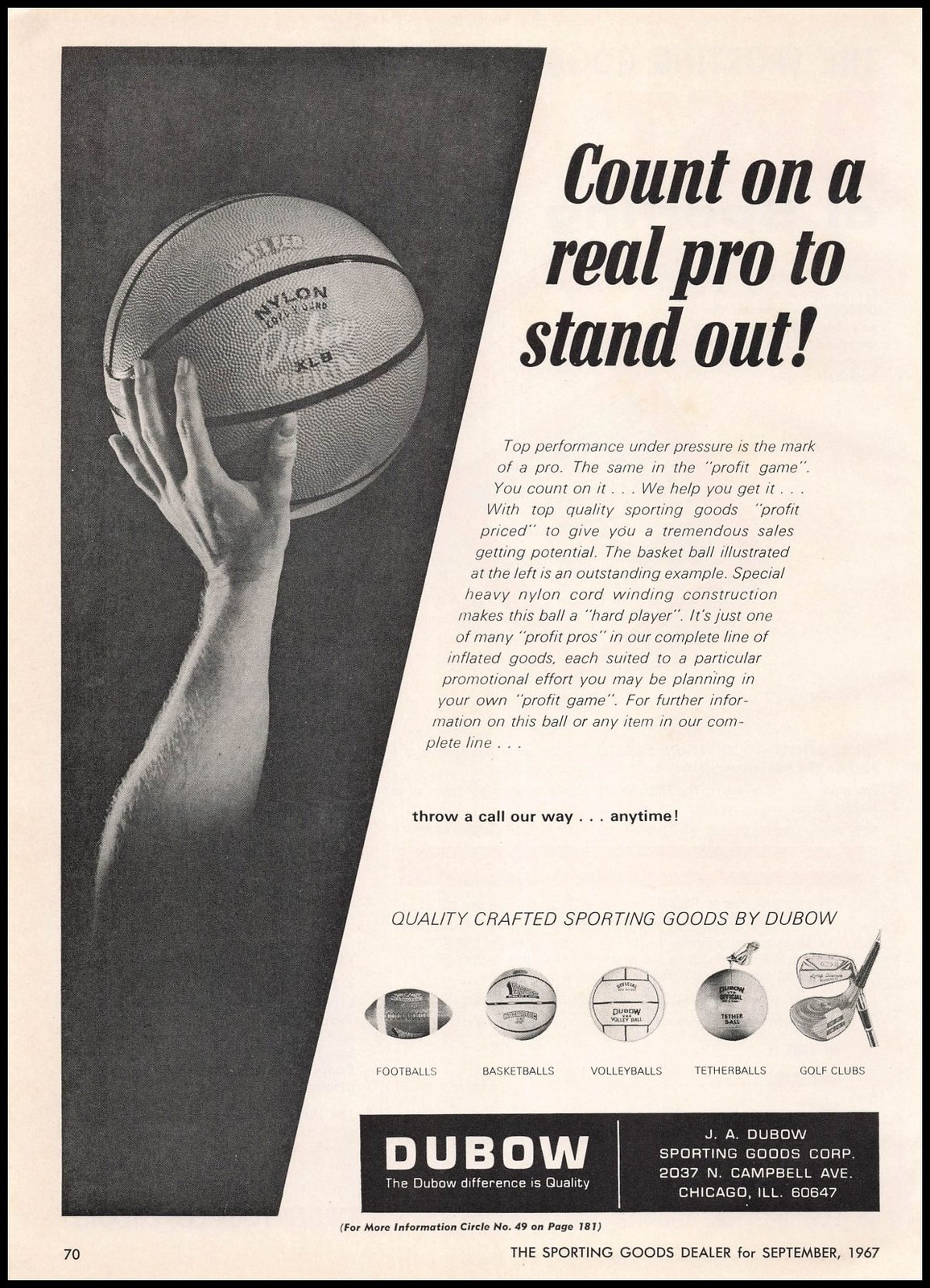 1967 J. A. Dubow Sporting Goods Corp. Chicago Photo Basketball Vintage Print Ad