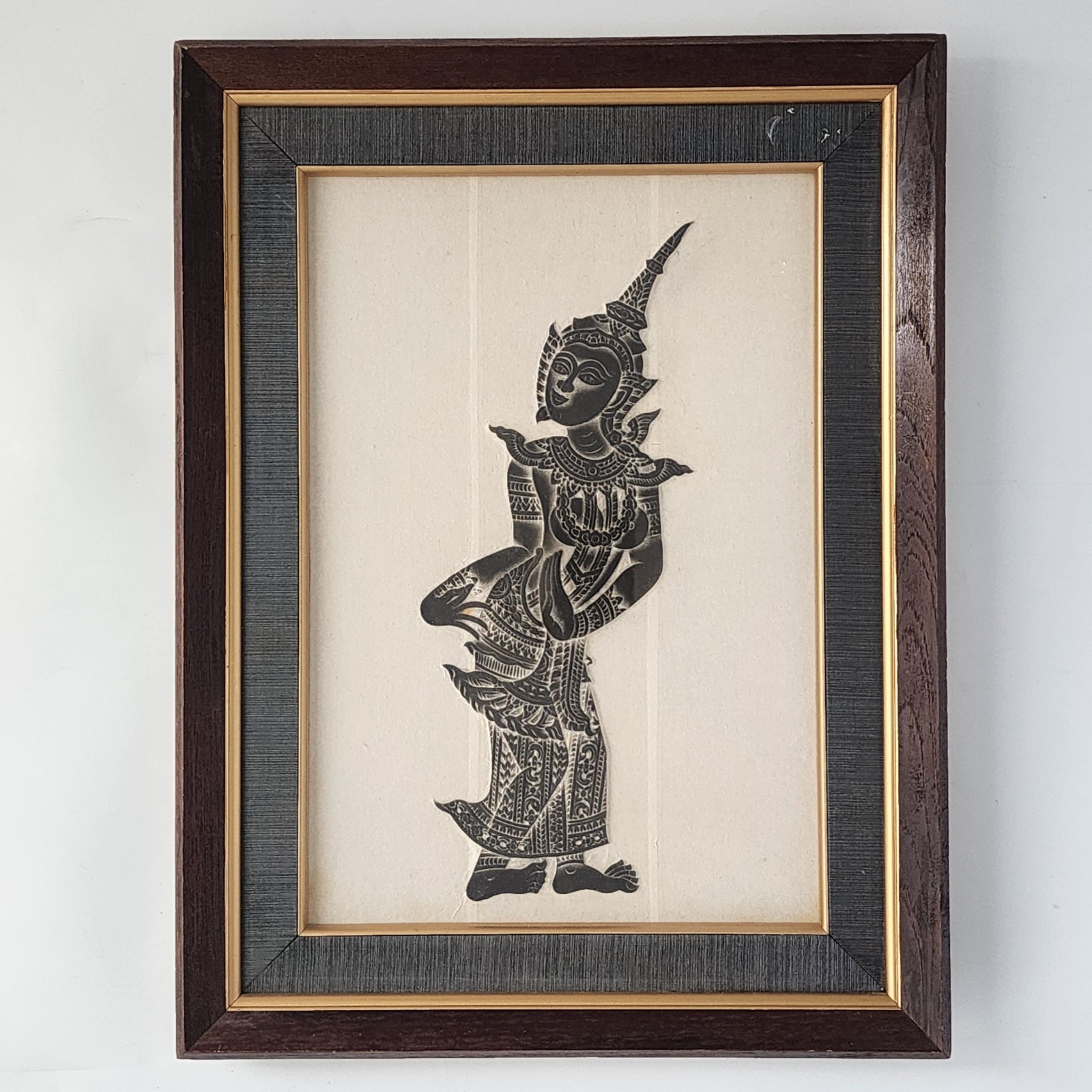 Vintage Thai Temple Rubbing Wat Pho Ramakien Dancer Rice Paper Charcoal Framed
