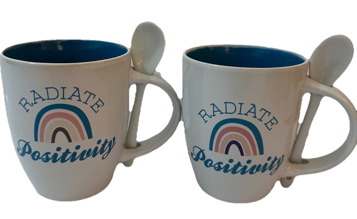 Radiate Positivity Rainbow Ceramic Cups Mugs & Spoons Set Of 2 NEW