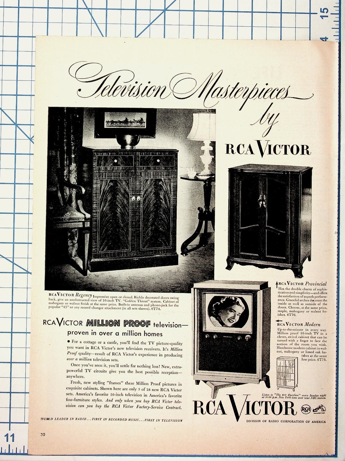 Vintage 1950s RCA Victor TV Ad Million Proof Television Regency Provincial