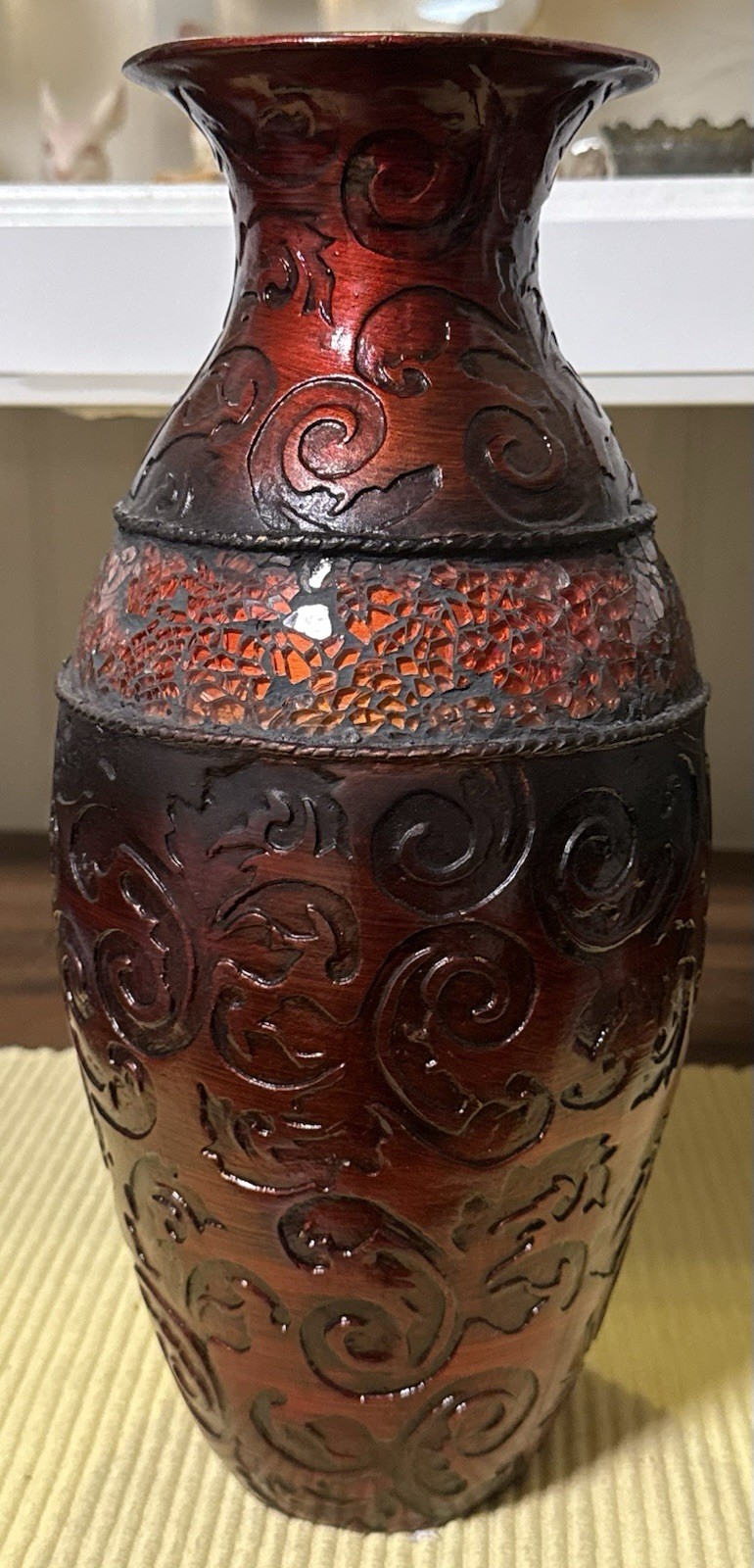Vintage Deep Red Chinese Cinnabar Vase With Mosaic Tile Inlay Band 12”