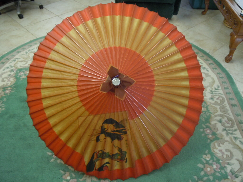 VINTAGE JAPANESE GEISHA GIRL HEAVY RICE PAPER & BAMBOO? PARASOL 43\