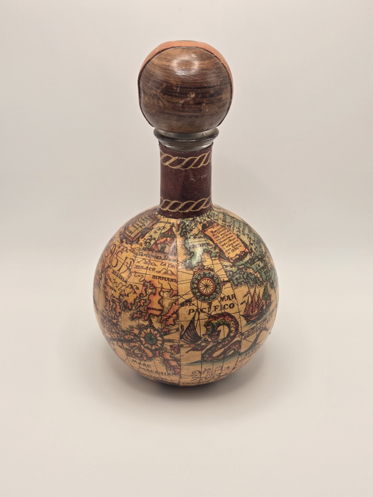 Vintage Fausto Colmbri Florence Italy Leather Decanter Bottle Old World Map Wood