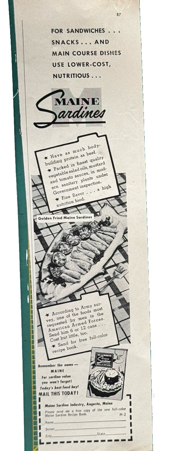 1952 Maine Sardines Golden Fried Recipes Augusta Maine Seafood Original Print Ad