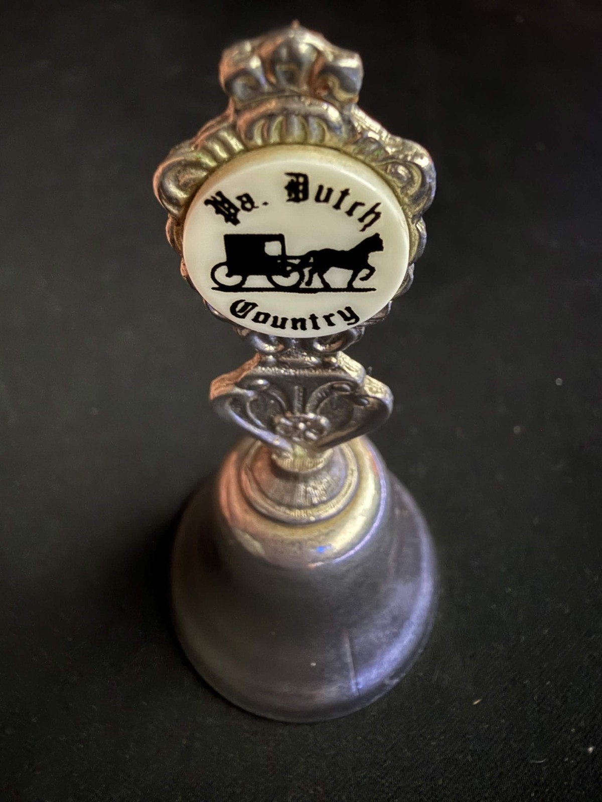 Vintage PA Dutch Country Silver Tone Dinner Bell Amish Horse Buggy Souvenir