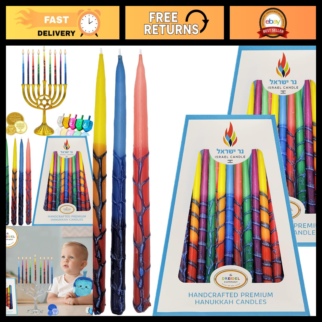 2-Pack Dripless Hanukkah Candles - Multicolored Ombre Tapered, 1 Hour Burn Time,