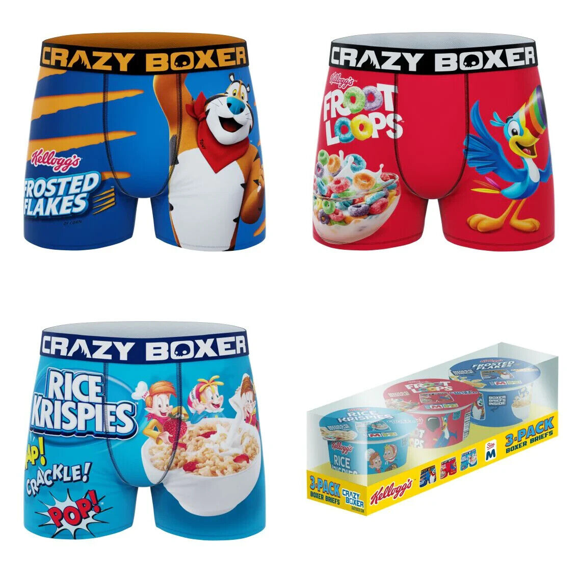 CRAZYBOXERS Kellogg\'s Cereal Men\'s Boxer Briefs 3 Pack (Creative Packaging)