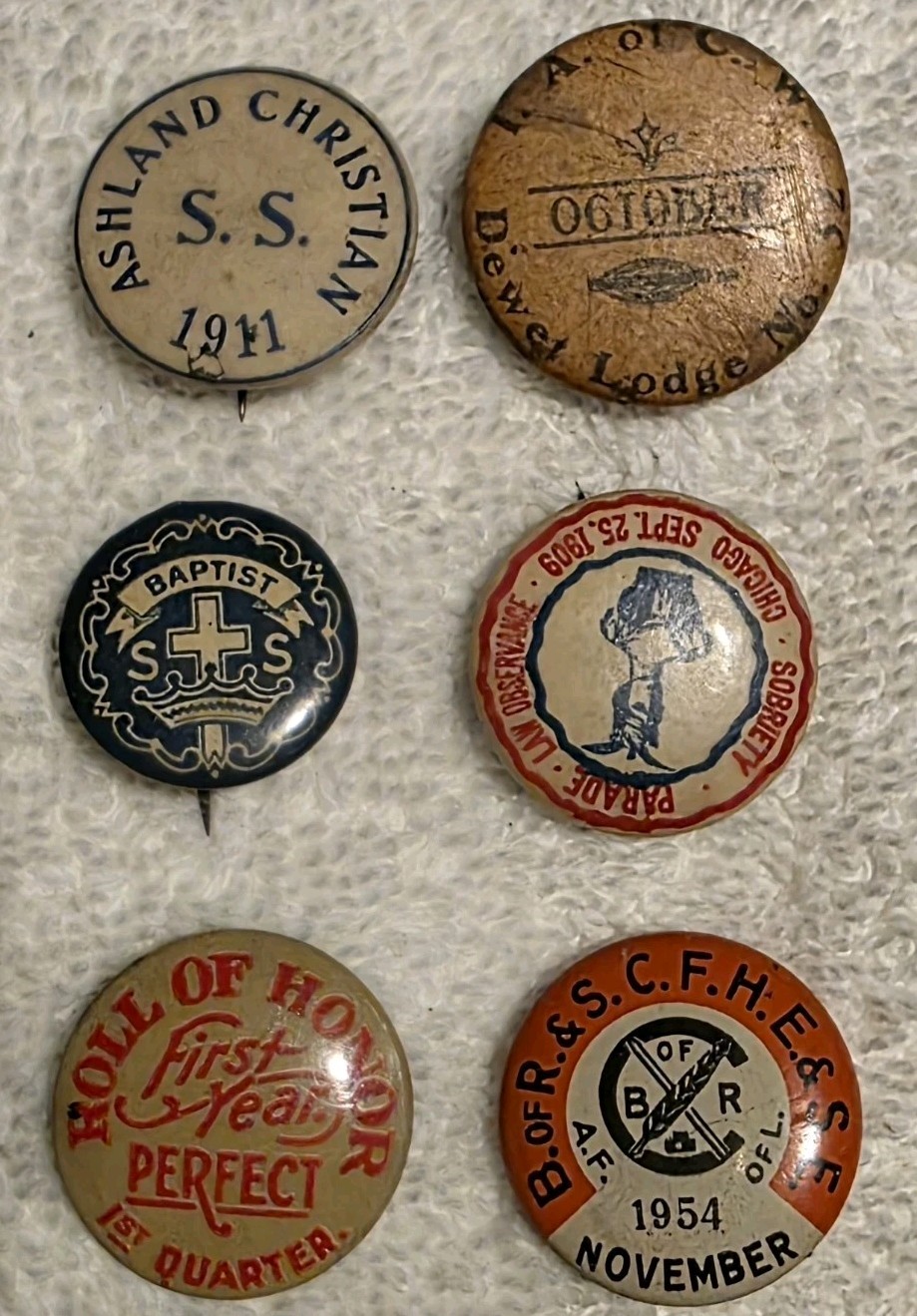 Antique Celluloid Pinback Lot Chicago Temperance 1909 Labor Union Lodge Geraghty