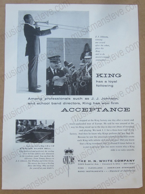original 1958 KING Trombone print ad - features pro J.J. Johnson & his KING