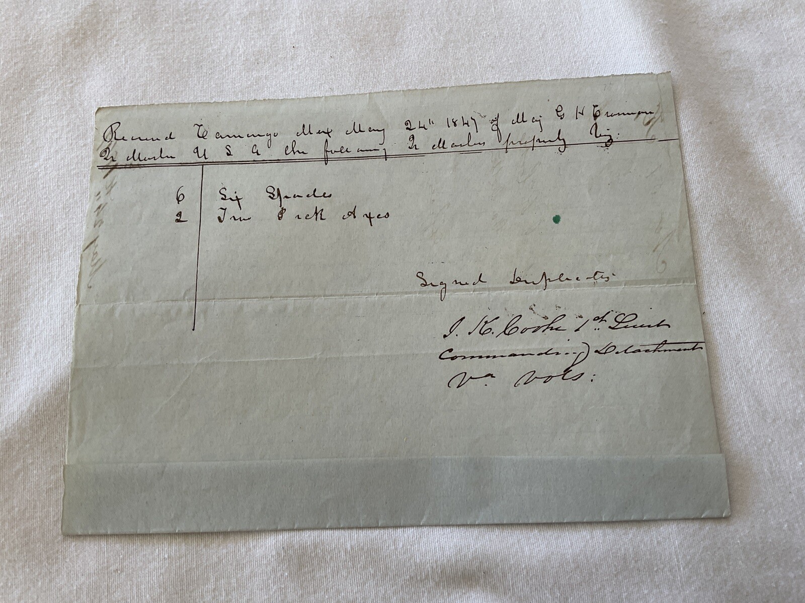 520 Mexican War Camargo Mexico Virginia Volunteer Supply  Receipt dated 1847