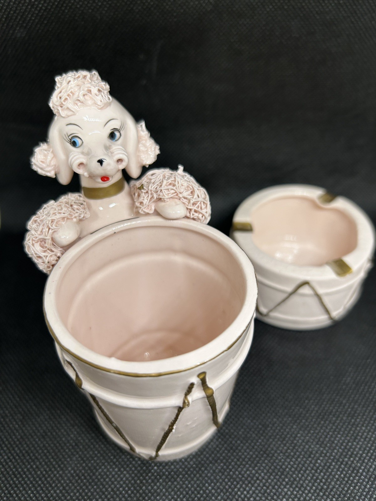 Vintage 1950s Lipper Mann Pink Spaghetti Poodle Cigarette Holder Ashtray Set MCM