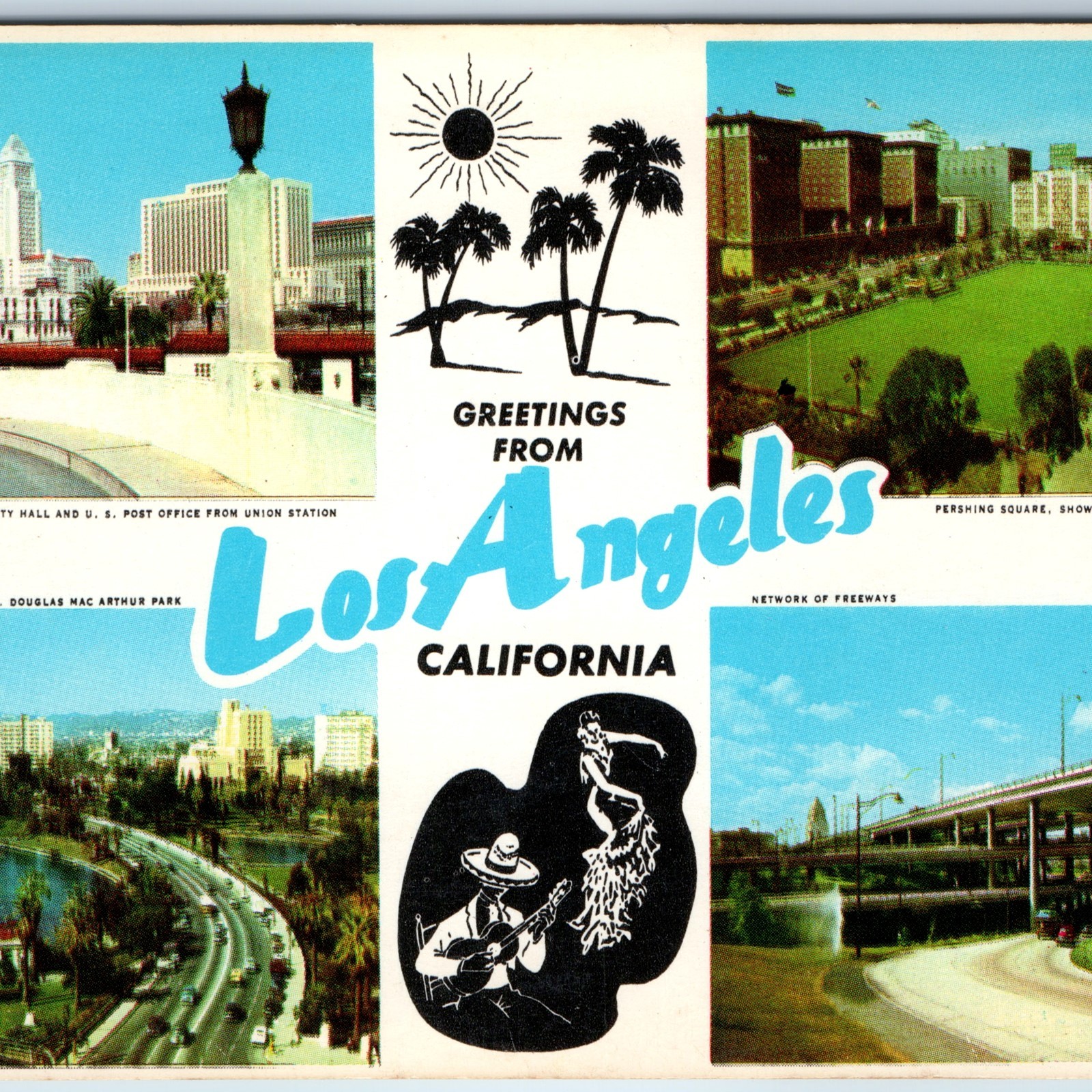 1956 Los Angeles, CA Postcard Greetings Multi-View City Hall Freeway Pershing Sq