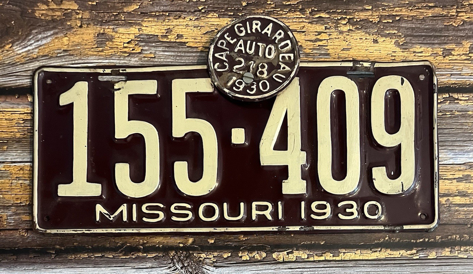 1930 Missouri License Plate 155-409 w/ Cape Girardeau Tax Tag