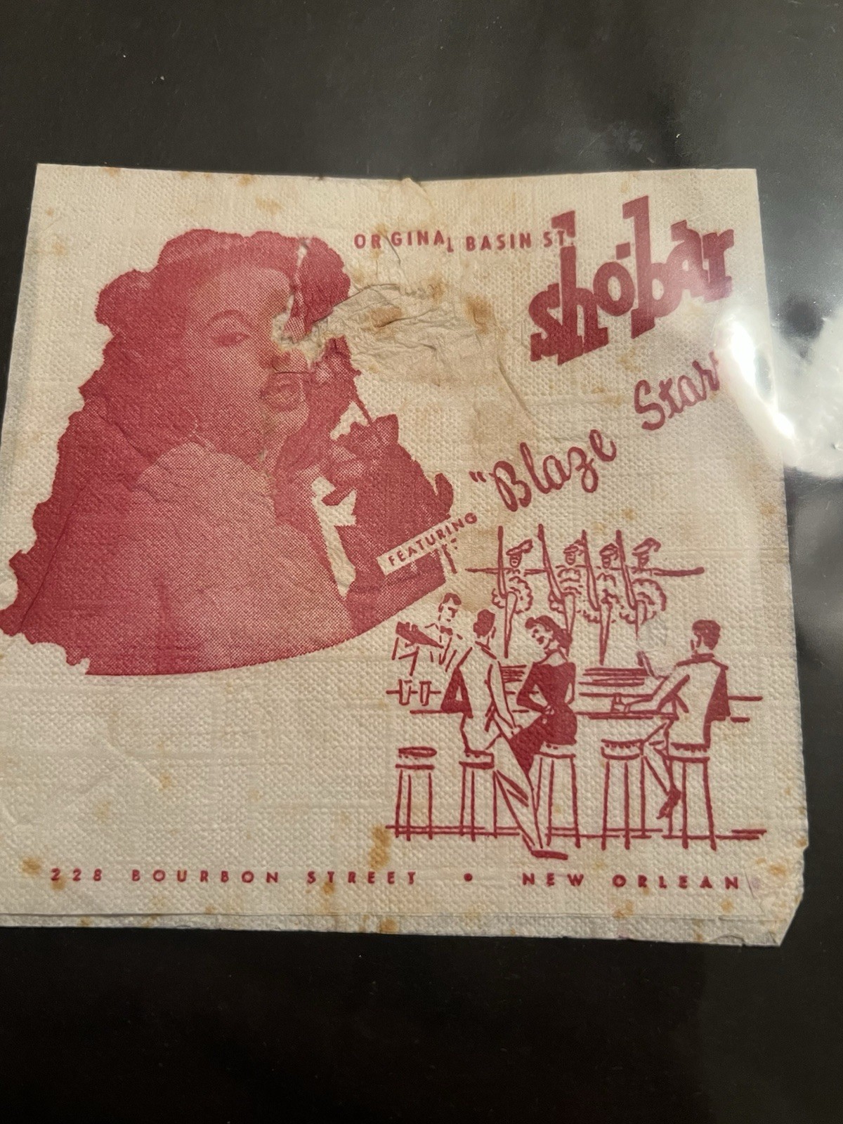 VINTAGE 1950'S Blaze Starr SHO'BAR NEW ORLEANS NIGHT CLUB COCKTAIL NAPKIN Used