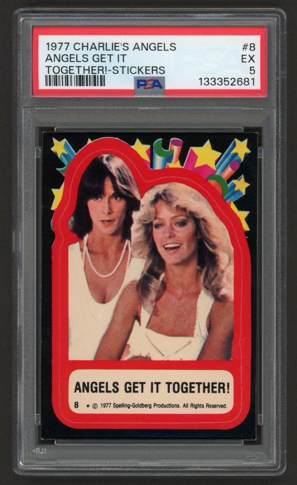 1977 CHARLIE'S ANGELS FARRAH FAWCETT & KATE JACKSON #8 STICKERS VINTAGE PSA 5 EX