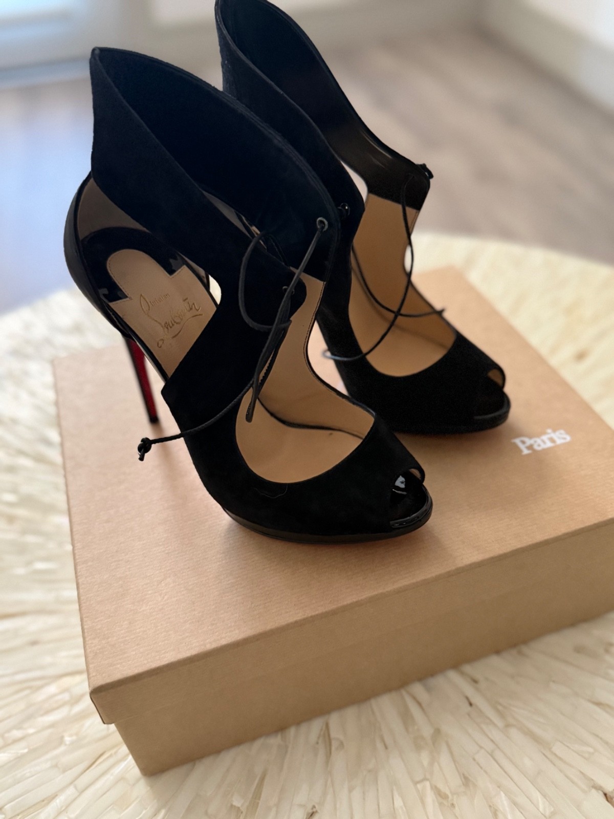 Christian Louboutin Black Suede Lace Up Peep Toe Heels Size 38