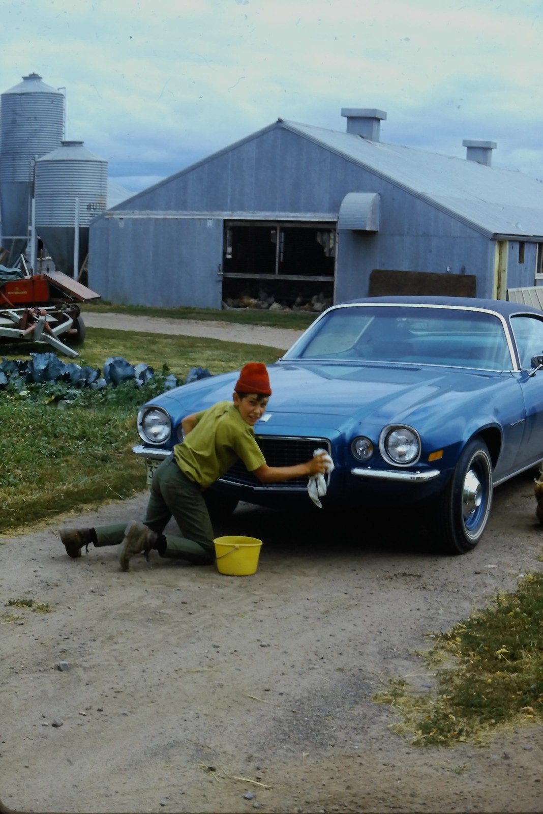 c1970's Kodachrome 35mm Slide, Boy Washing Chevrolet Camaro Farm Barn mid 1970s