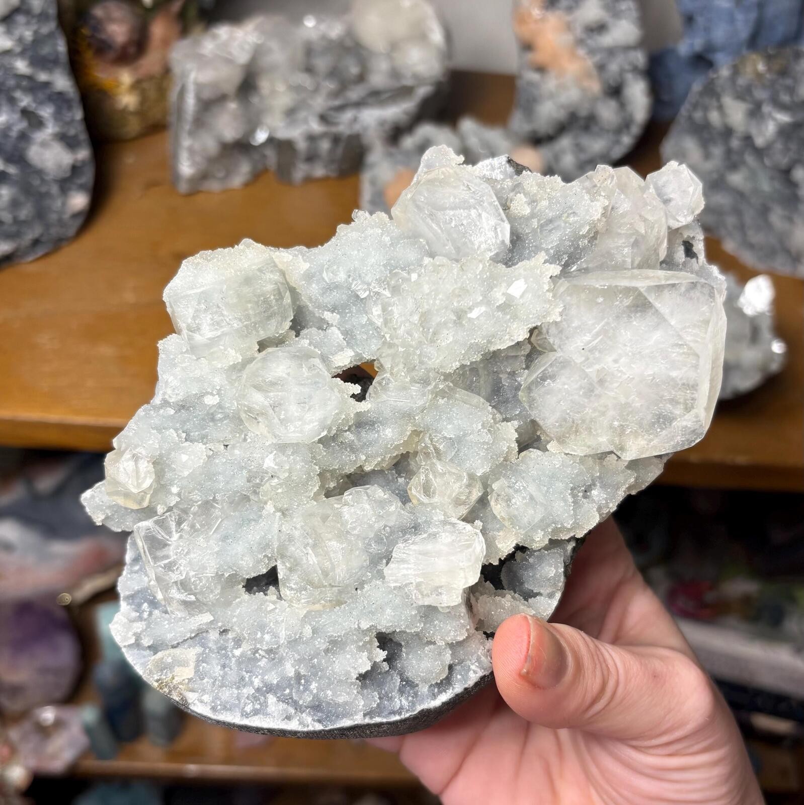 Apophyllite on Grey Chalcedony with Stilbite | Indian Zeolite Mineral Specimen |