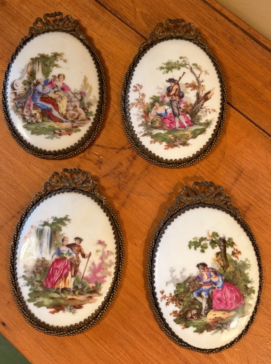 Vintage Filigree Framed Porcelain Courting Couple Victorian Set Of 4 5.75” Tall Vintage Filigree Framed Porcelain Courting Couple Victorian Set Of 4 5.75” Tall