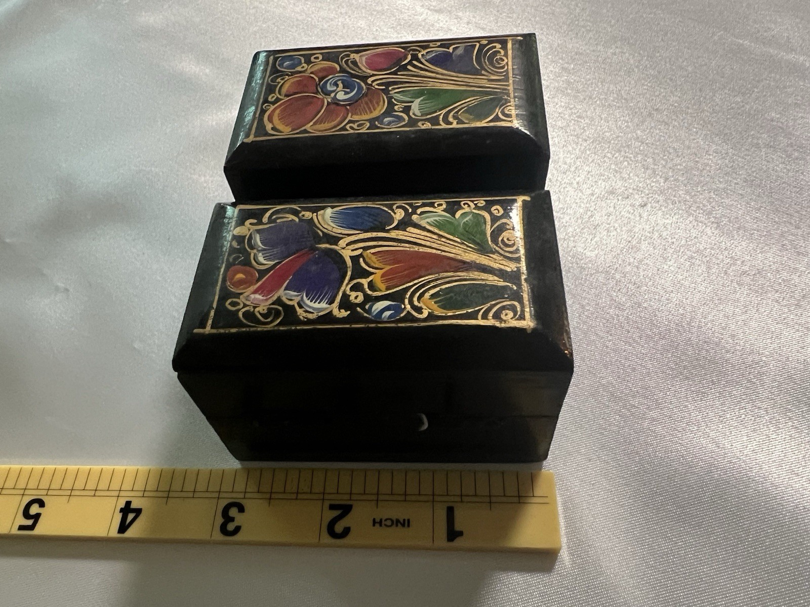 Vintage Pair Mexican Folk Art Hand-Painted Wood Trinket Boxes Rosario Sanchez