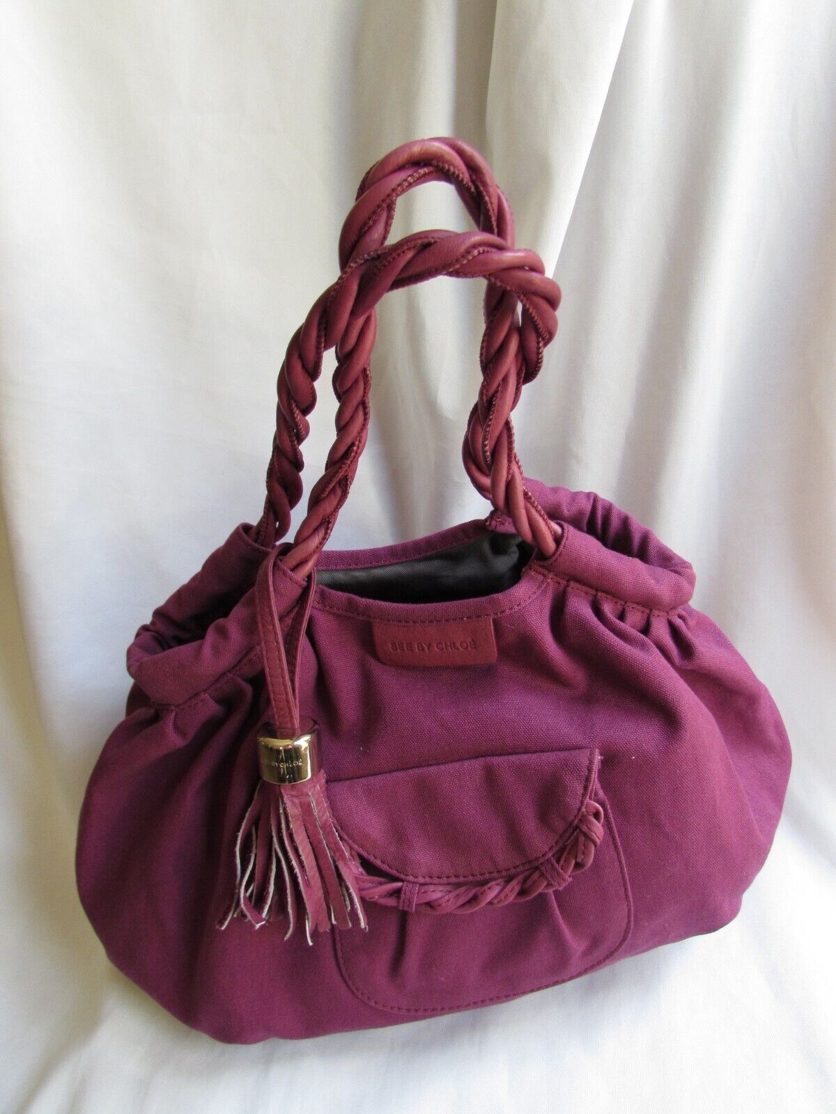 See By Chloe Pink Canvas Tote Shoulder Bag Double Handle Purse Leather Trim
