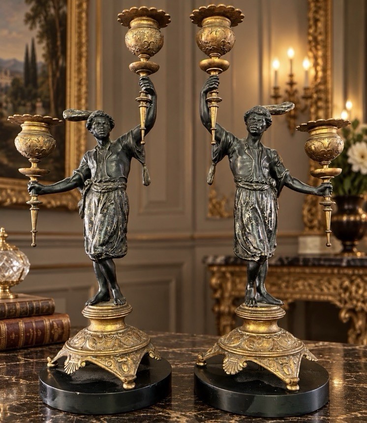 Antique French Orientalist Blackamoor Patinated Spelter Bronze Candelabra Pair