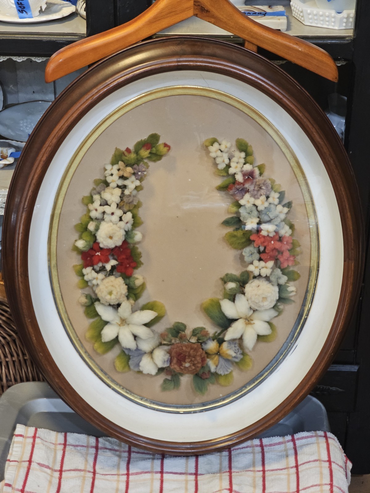 Antique Victorian Mourning Wreath Floral Oval Framed Shadowbox  19th century