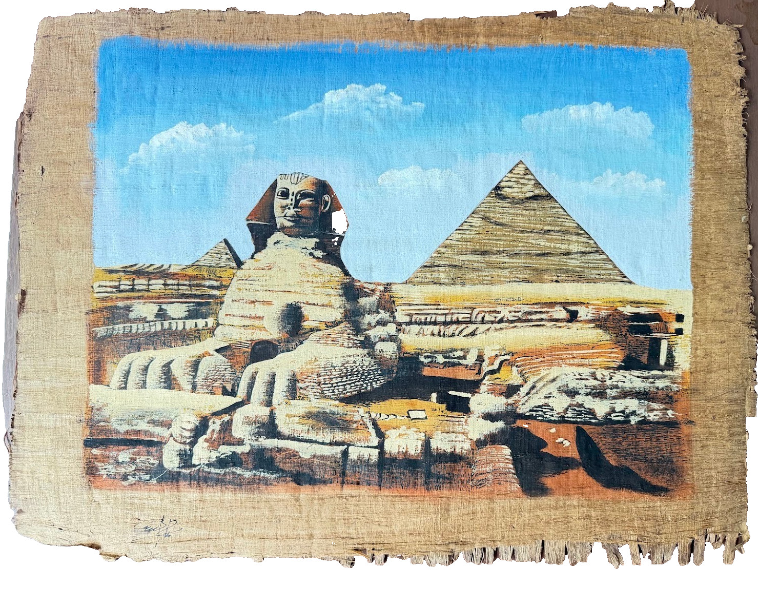 Signed Egyptian Papyrus Painting Sphinx Pyramids Giza Blue Sky Egypt Art